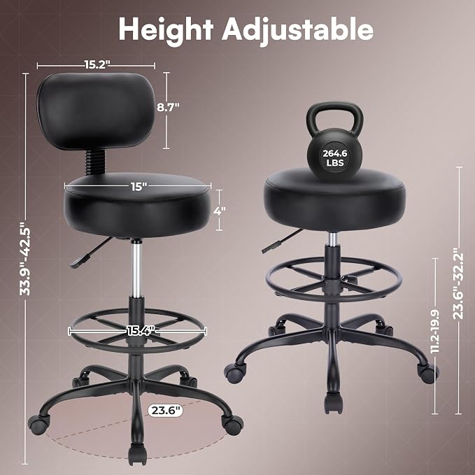 SUPERJARE Drafting Chair with Back, Set of 3, Swivel Barstools, Adjustable Height Rolling Stool with Footrest, Standing Desk Chair for Counter Height Desk, Shop, Home Kitchen, Clinic Studio, All Black