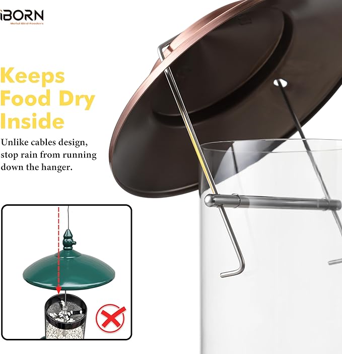 iBorn Bird Feeder Metal Squirrel Chew-Proof Bird Feeders for Outdoors Hanging Outside for Cardinal, Holds 1.5LB Seed with 3 Perchs, Brushed Copper (Seed is not Included)