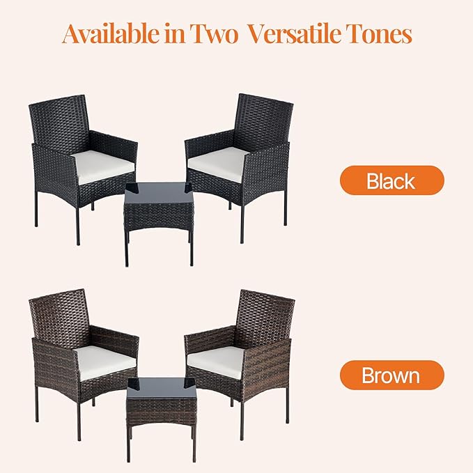 Sweetcrispy 3 Piece Patio Furniture Set, All-Weather Outdoor Wicker Bistro Set with Removable Cushions & Tempered Glass Table, Small Conversation Seating for Porch, Balcony, Deck, Backyard, Brown