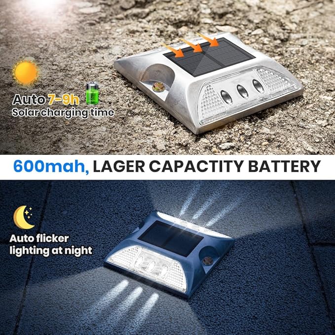 Solar Raised Pavement Marker High Brightness IP68 Waterproof Solar Powered Reflector Road Solar Blinker Light for Anti-diecast Aluminum Protruding Signs Warning 8PCS (White)