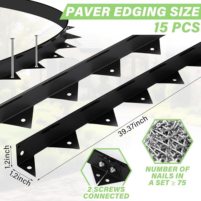 Pushglossy 15 Pcs 49.21ft Metal Paver Edging with Spikes for Paver Projects 39.37" L x 1.2" H Black Bendable Metal Strips Yard Landscape Lawn Edging Border Pathway Divider for Lawn, Garden, Yard