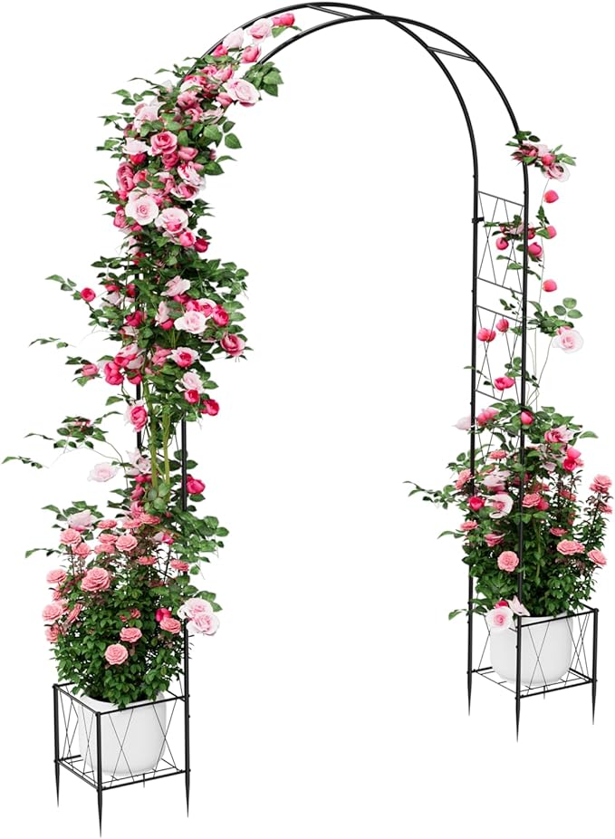 Heavy Duty Garden Arch Trellis for Climbing Plants Outdoor, Metal Garden Arbors Archway Arched Trellis with Planter Boxes, Wedding Arches for Ceremony Arch Backdrop Stands for Party Decorations, Black