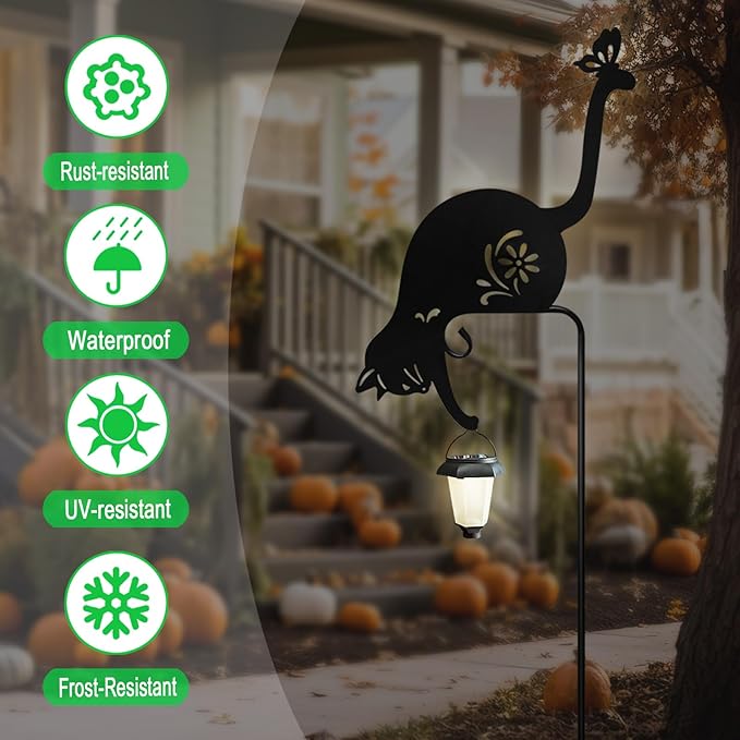 Cat Solar Lights Outdoor Garden, Black Cat Garden Statue,Black Cats Outdoor Decorations with Solar Lantern
