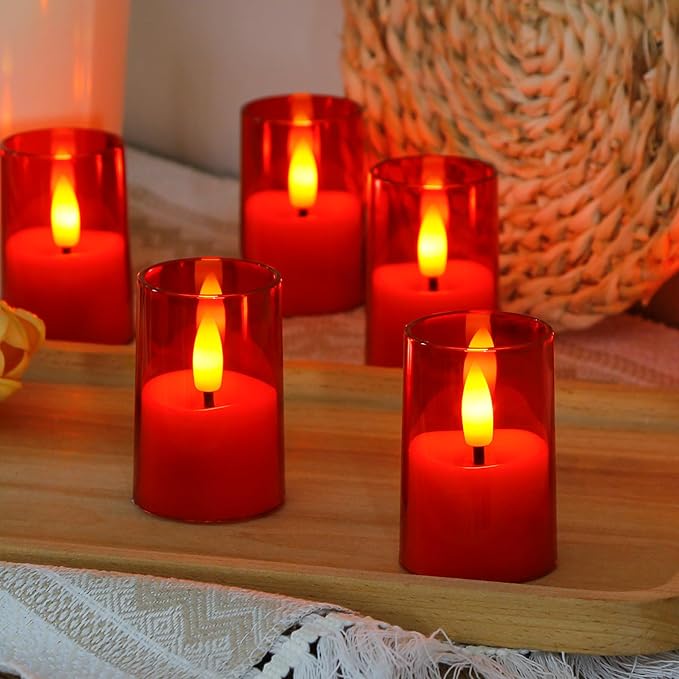 Flameless Small Tea Light LED Candles, Acrylic Battery Operated Votive 1.7" x2.5" with Remote Control and Timer, Tealight Red Flickering Warm Light Pack of 8 Electric Long Lasting