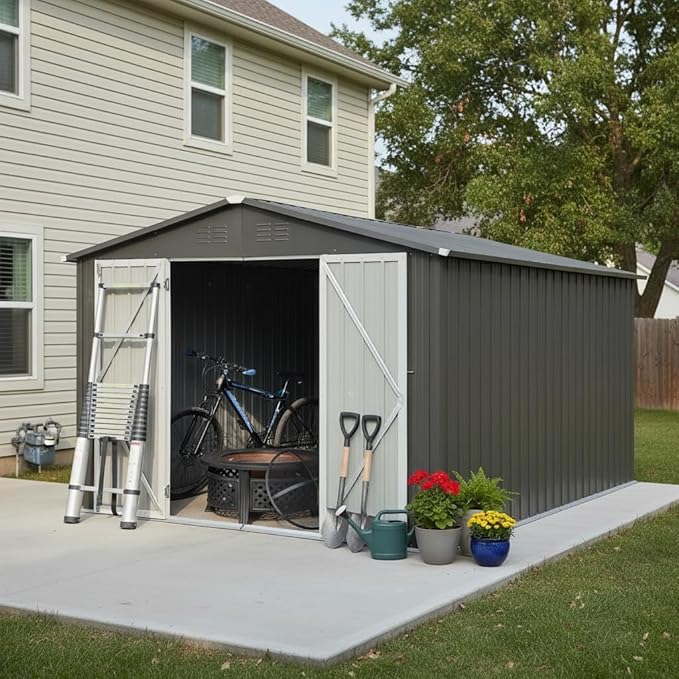YOPTO 10x12 FT Sheds & Outdoor Storage,Metal Aluminum Garden Shed,with Punched Vents,Waterproof Cabinet w/Hinged Door and Padlock,Tool House for Storing Bicycles,Lawnmowers,Barbeques,Grey