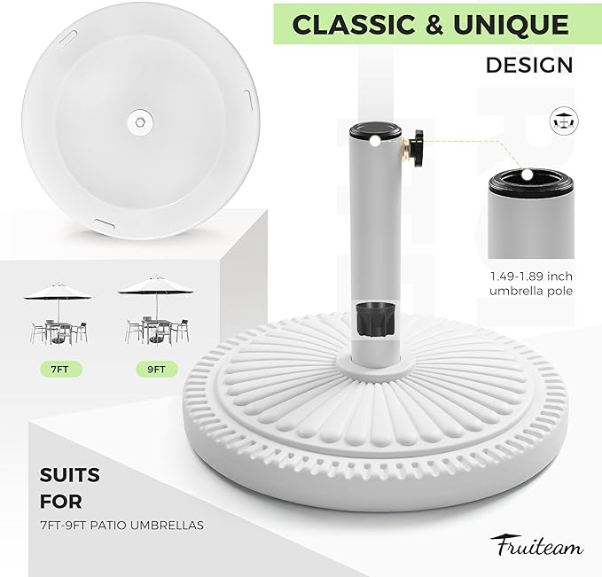 FRUITEAM 33-lbs Round Patio Umbrella Base Pre-Filled Umbrella Stand 15" Sun-Flower-Pattern Heavy Duty Market Umbrella Base Stand for Patio, Outdoor, Swimming Pool, White