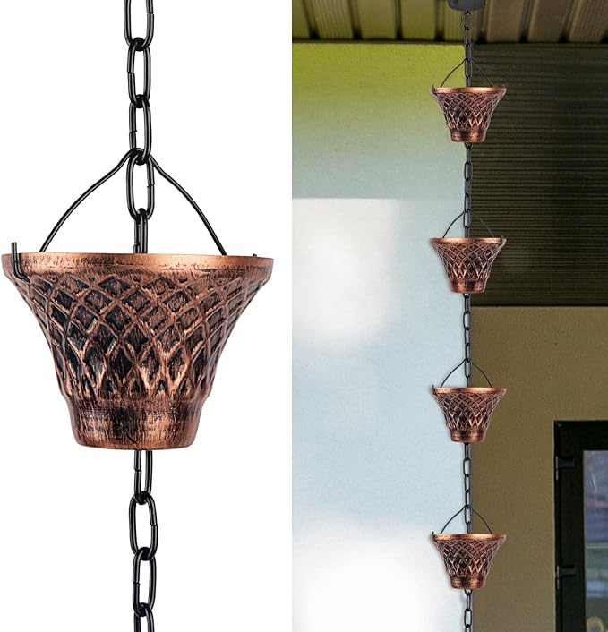 Rain Chains 8.5 Ft, Gutter Downspouts Diverter Outdoor Metal Copper Plaid Rainwater Extensions, 12 Cups