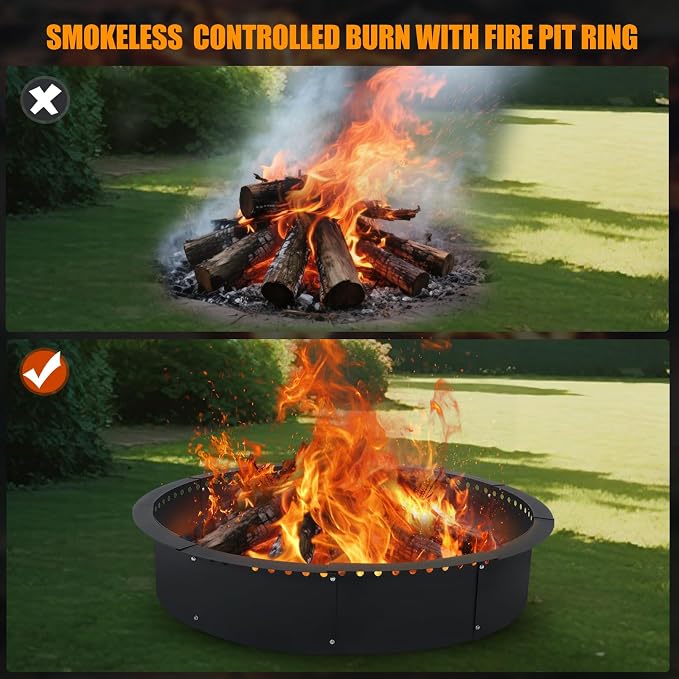 40 Inch Smokeless Fire Pit Ring, Heavy Duty Steel Fire Pit Ring Insert with Air Vent Design, 44 Inch Outer Diameter Round Fire Ring for Outdoor Wood Burning, Backyard, Patio, Garden & Camping