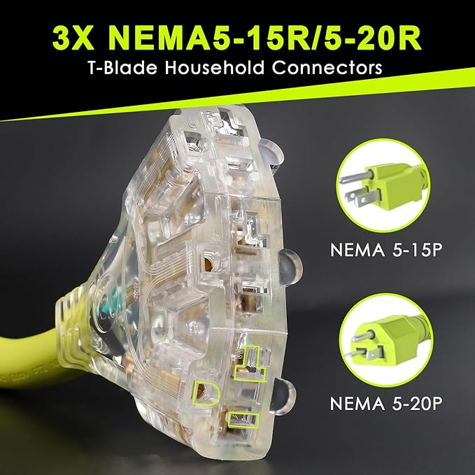 30 Amp to 110 Adapter RV Cord, 30 Amp to 20 Amp Adapter, NEMA TT-30P Male to 3X 5-15R/5-20R T-Blade Household Outlet Female with Lighted Power Indicator, 1.5 FT