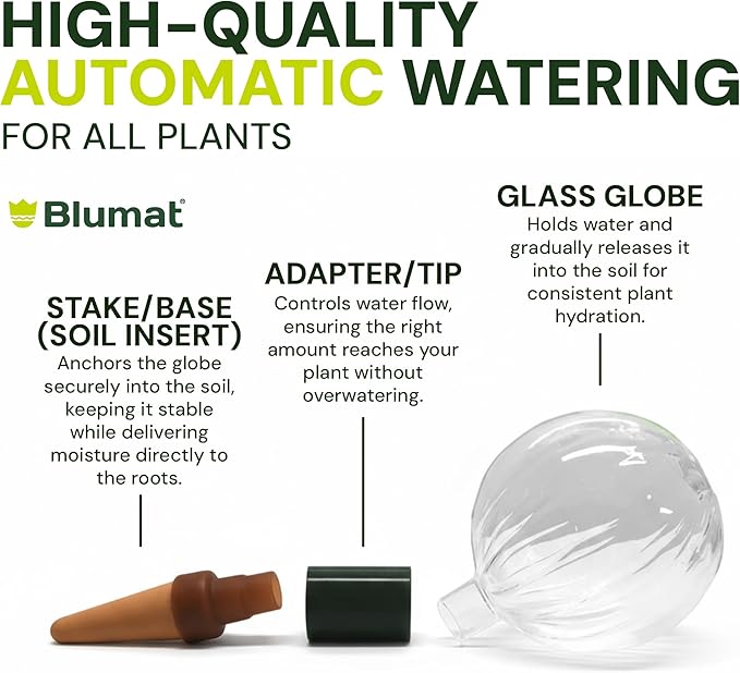 Blumat Glass Plant Self Watering Globes,Automatic Houseplant Drip Irrigation for Indoor Plants, Hanging Plants, Houseplants, Plant Garden Accessories,Vacation Plant Savers,Large Globe Small Adapter