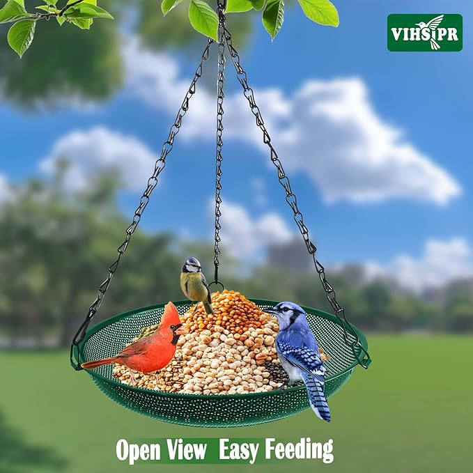 Hanging Bird Feeder for Outdoors – 12 in Platform Bird Feeder, Metal Mesh Seed Tray for Wild Birds, Green