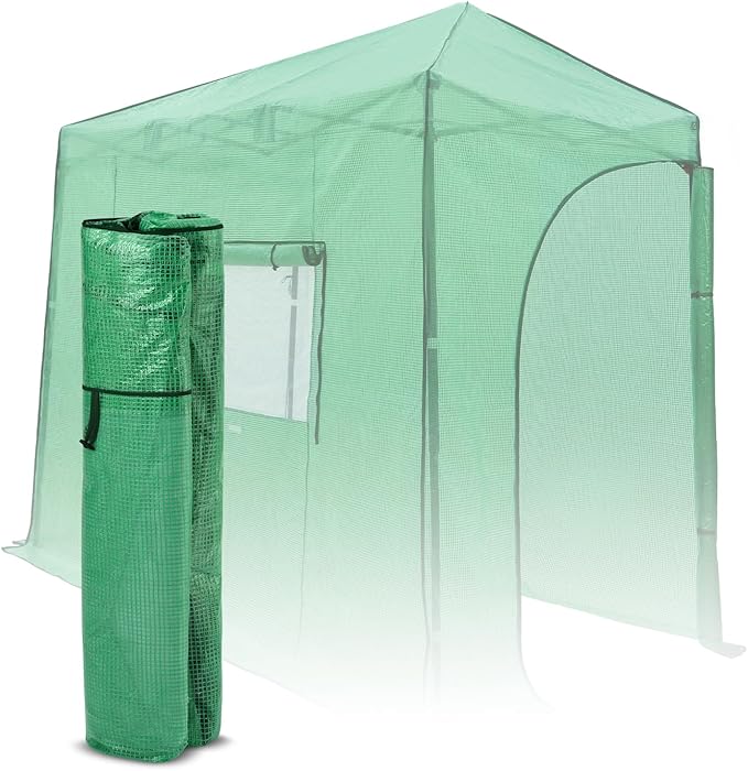 EAGLE PEAK Replacement Cover for 10x5 Portable Lean-to Greenhouse, 2 Roll-Up Zipper Entry Doors and 1 Large Roll-Up Side Window (Frame Not Included), Green