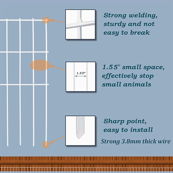 White Animal Barrier Fence 16.5 in (H) X 10.4 ft (L) with 1.55 Inch Spike Spacing, Anti Digging Garden Under Fence Dog Barrier
