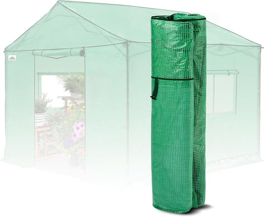 EAGLE PEAK Replacement Cover for 10x10 Gable Roof Pop up Greenhouse, Front and Rear Roll-Up Zipper Entry Doors and 2 Large Roll-Up Side Windows (Frame Not Included), Green