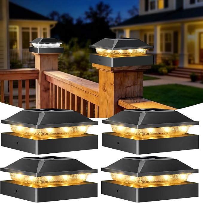 Peasur 4x4 Solar Post Cap Lights, 2 Modes 16 LED Post Solar Lights Waterproof, 4 Pack Black Fence Deck Lights Fit Wooden/Vinyl Post for Porch Patio