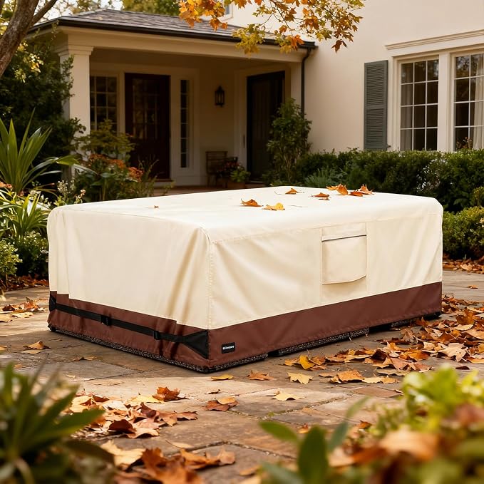 Rectangular Patio Furniture Covers,Upgraded 600D Heavy Duty Outdoor Furniture Covers Waterproof,Outdoor Sectional Dining Table and Chairs General Purpose Furniture Set Cover,111"L × 74"W × 28"H,Beige