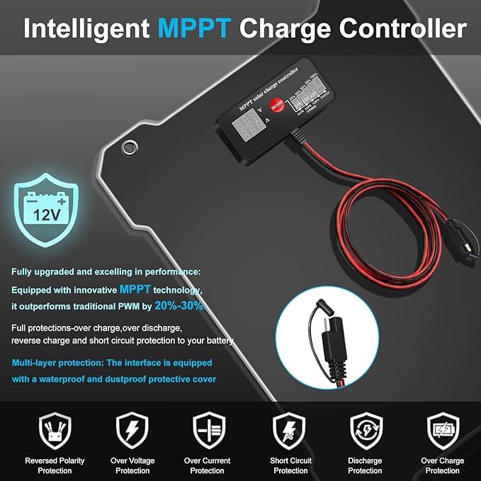 Upgraded MPPT OBDII 12W Solar car Battery Charger 12V Solar trickle Charger maintainer Solar Panel kit Battery Solar Charger Suitable for Cars Motorcycles Boats RVs Trailers Snowmobiles etc