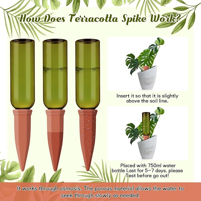 Teenyyou 12 Pcs Watering Spikes for Indoor Plants Include 6 Terracotta Self Watering Spikes Devices and 6 Pcs 26 oz Plastic Bottles Slow Release Vacation Insert Automatic(Green)