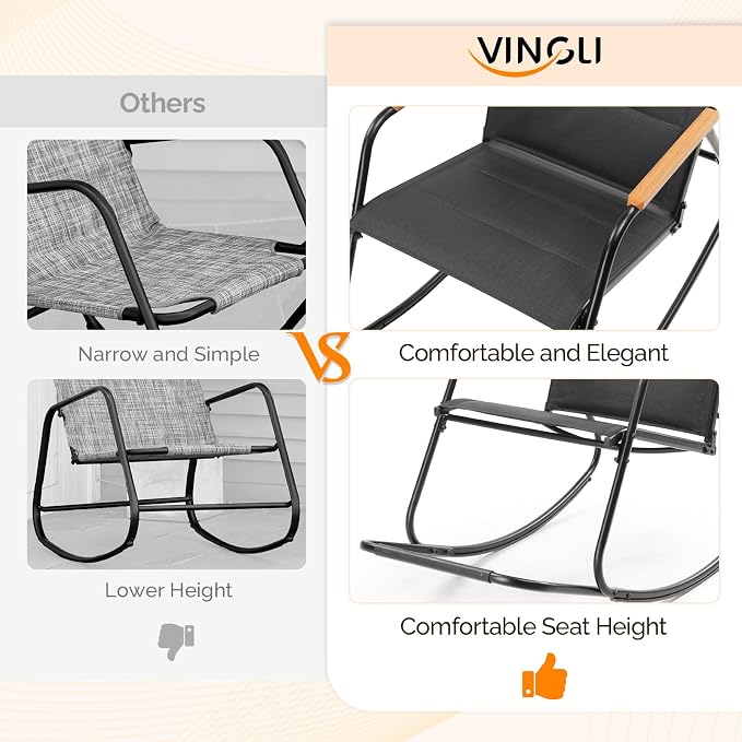 VINGLI Outdoor Rocking Chair, 450lbs Capacity Portable Outdoor Rocker with Footrest, Hard Armrests, Pillow, All Weather Porch Rocker for Garden, Living Room, Patio, Lawn (Black, with footrest)