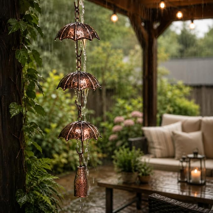 Umbrella Rain Chain, 102 Inch Metal Rain Chains for Gutters Downspouts Outside, Decorative Copper Finish Gutter Downspout Replacement, Outdoor Hanging Rainwater Chain for Porch Patio Garden Yard