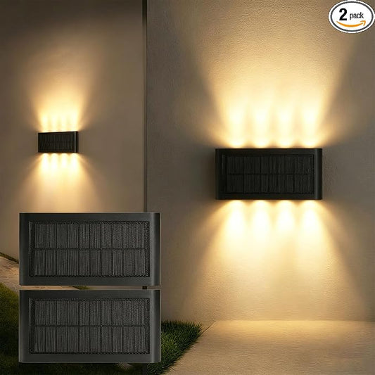 Solar Wall Lights Outdoor, 3000K Warm White, Waterproof, Stylish Mordern Lights, Bright Solar Up and Down Wall Sconce Lighting with 8 LED for Exterior, Porch, Patio, Fence, Garage (2PK)