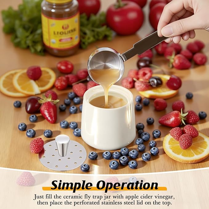 Ceramic Fruit Fly Trap for Indoors, Reusable Kitchen Fly Catcher with Stainless Steel Vent Lid, Uses Safe & Natural Vinegar Bait Trap, Dishwasher Safe, Easy to Use(White,4 Pack)