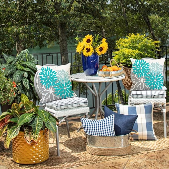 DFXSZ Outdoor Throw Pillow Covers 20x20 Inch Set of 2 Waterproof Spring Summer Geometric Elegant Aqua Blue Outdoor Pillow Covers for Patio Funiture Garden Couch 168C20