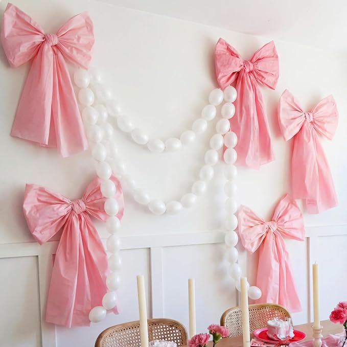 Pink Bow Birthday Decorations Set 4 DIY Giant Wall Large Pink Bows 100 Link Balloons Hanging Cute Items for Coquette Home Room Wedding Birthday Baby Shower Party Supplies