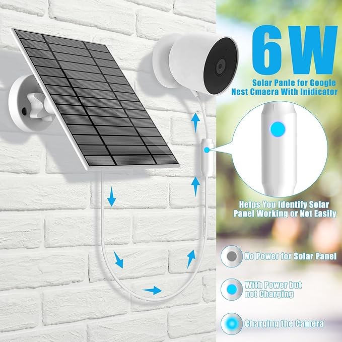 Solar Panel Compatible with Google Nest Camera Outdoor & Indoor (Battery Version), 6W Solar Power Charger for Google Nest Camera Solar Panel with Indicator Light 13ft Cable