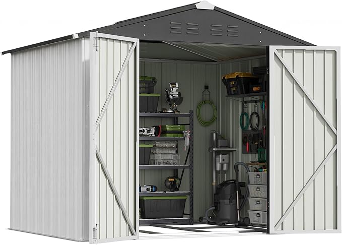 Patiowell 8x6 FT Outdoor Storage Shed with Floor Frame, Metal Garden Patio Sheds with Sloping Roof and Lockable Door, Waterproof Steel Tool Shed for Backyard Garden Lawn, White