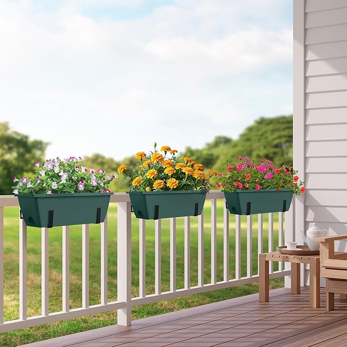 CADUKE Window Deck Railing Planter Box for Outdoor 6 Pack 17 Inch Deck Railing Planter Boxes Plastic Hanging Flower Planters Box with Adjustable Brackets Green