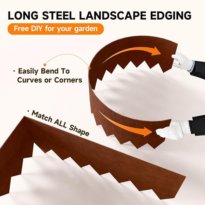 20ft.Cor-Ten Weathering Steel Landscape Edging(6 Pack)-5"x40"- Pre-Rusted Garden Edging with 7 Clips & Gloves - Durable,Flexible, Easy-to-Install for Landscaping,Tree Rings,Lawn & Garden