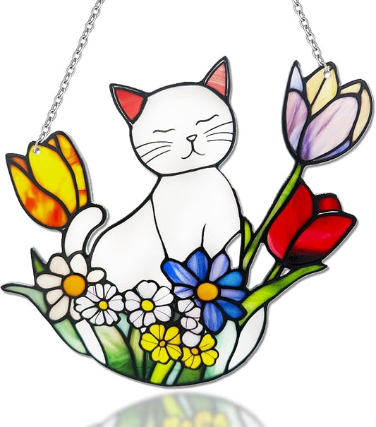 Cat Stained Glass Suncatcher Window, Hanging Sun Catchers Indoor Window, Suncatcher for Nana/Mom/Women (White Cat)