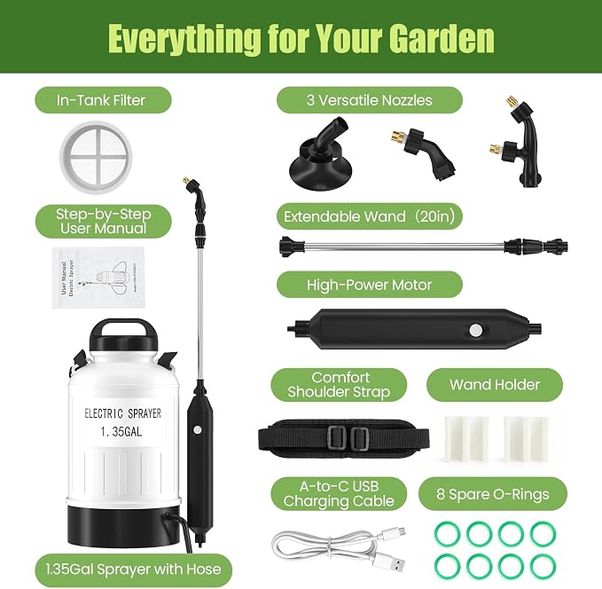 Battery Powered Electric Sprayer 1.35 Gallon Garden Pump Sprayer, Retractable Wand, 3 Mist Nozzles, USB Rechargeable Handle & Adjustable Shoulder Strap for Yard Lawn Planting
