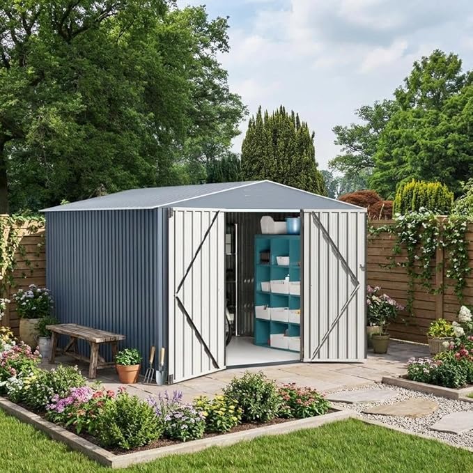 Outdoor Metal Storage Shed, 10x12ft Galvanized Steel Garden Tool Shed with Lockable Doors, Extra Large Outdoor Storage Sheds for Patio Lawn Backyard Outside Use, Grey