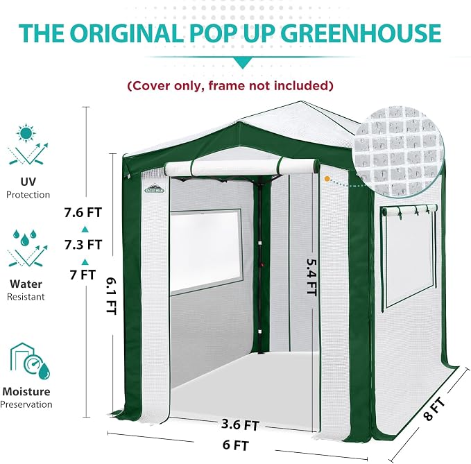 EAGLE PEAK Replacement Cover for 8x6 Pop up Greenhouse with Polyester Reinforced Corners, Front and Rear Roll-Up Zipper Entry Doors and 2 Roll-Up Side Windows (Frame Not Included), Green/White