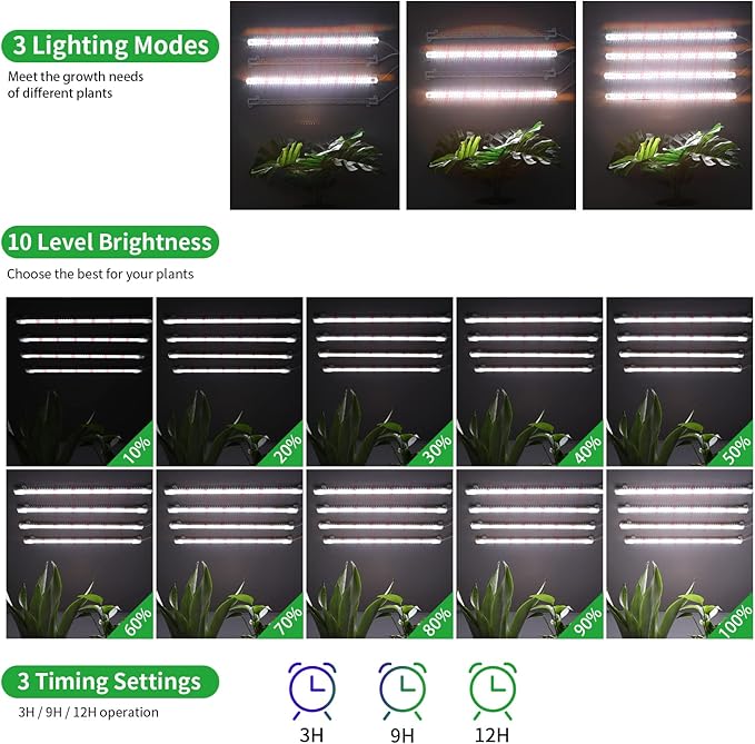 RWNTAO Grow Lights for Indoor Plants, 13" Grow Light Strips with Timer 3/9/12 H, 10 Dimmable Levels, 192 LEDs Full Spectrum Sunlight，Plant Growing Lamp for Indoor Greenhouse Seedlings, 4 Head