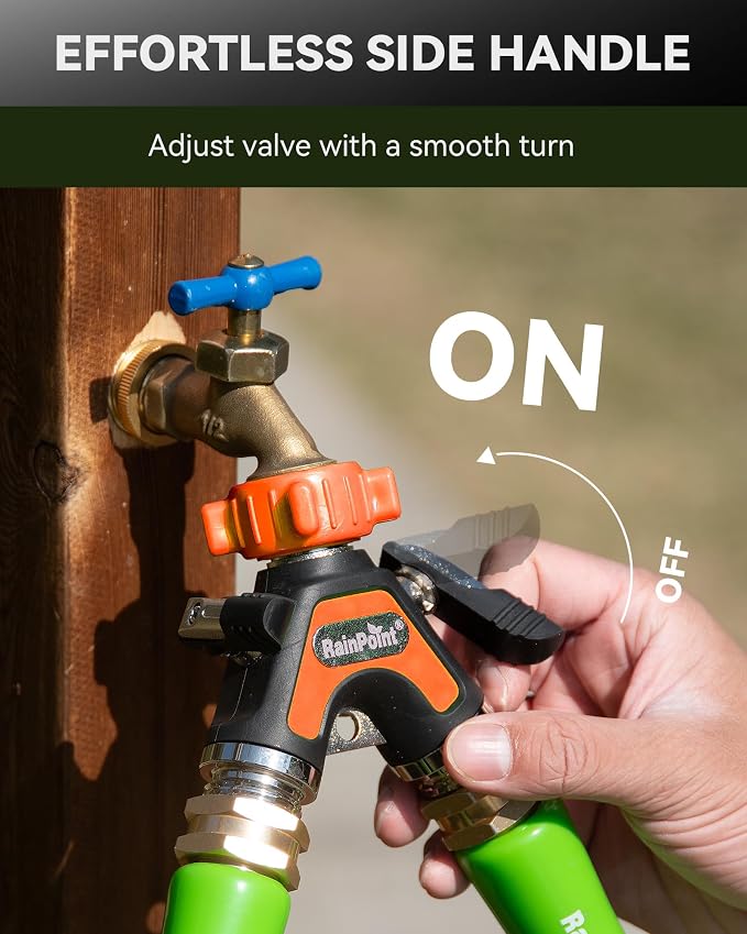 RAINPOINT Garden Hose Splitter 2 Way, All Metal Heavy Duty Water Hose Y Splitter With 2.05" Extra Long Side Handle & Shut Off Valves, 3/4 Inch GHT Thread Connector For Outdoor Spigot Faucet (Orange)