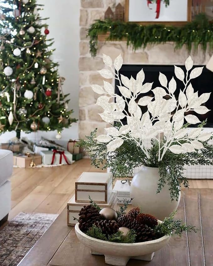 25.6" Christmas Glitter Leaves Stems, 5Pcs Artificial White Leaf Spray Leaf Picks Tall for Christmas Tree DIY Xmas Wreath Garland Arrangment Vase Bouquets Table Centerpieces Decoration Home Decor