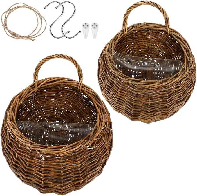 Yardwe 2Pcs Woven Hanging Basket Hanging Planter, Hanging Basket for Plant, Woven Storage Basket Hanging Flower Basket for Front Door, Home, Garden
