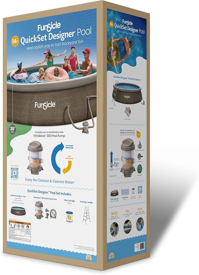 Funsicle Quickset Designer 14' x 36" Round Above Ground Swimming Pool, with FiltraBoost 800 GPH Filter Pump, Ladder, Type D Filter Cartridge & Repair Patch, Triple Basketweave