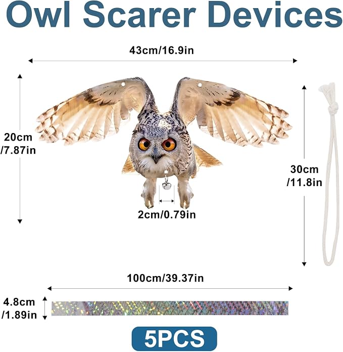 Fake Owl, 5PCS Reflective Hanging Fake Horned Owl Decoration, Owl Reflective Devices Outdoor for Outdoor Garden Yard