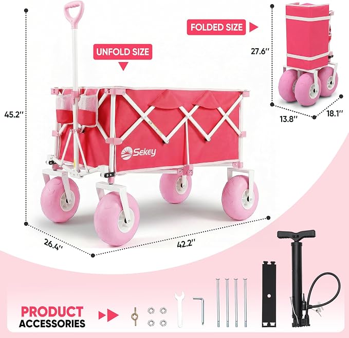 Sekey Heavy Duty Beach Wagon with 9" Big Sand-Proof Wheels – 600lb Capacity, 200L Oversized Foldable Cart | Adjustable Handle & All-Terrain Tires for Sand, Camping, Groceries
