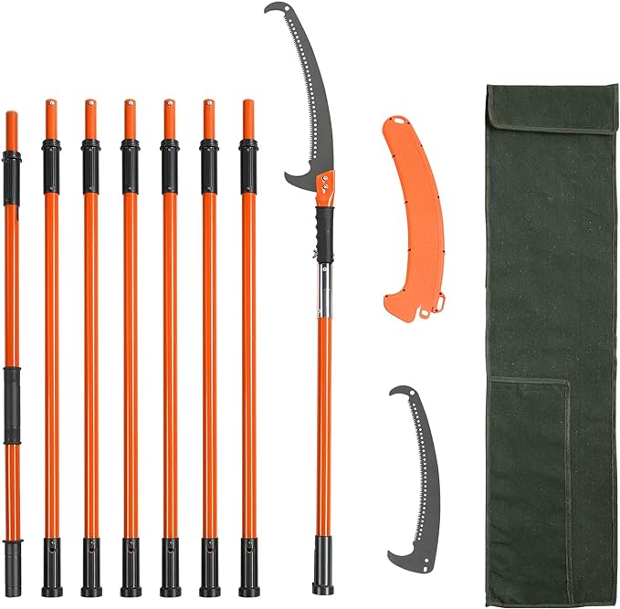 VEVOR Manual Pole Saw, 7.3-27 ft Extendable Tree Pruner, Sharp Steel Blade High Branches Trimming, Manual Branch Trimmer with Lightweight 8 Fiberglass Handles, for Pruning Palms and Shrubs