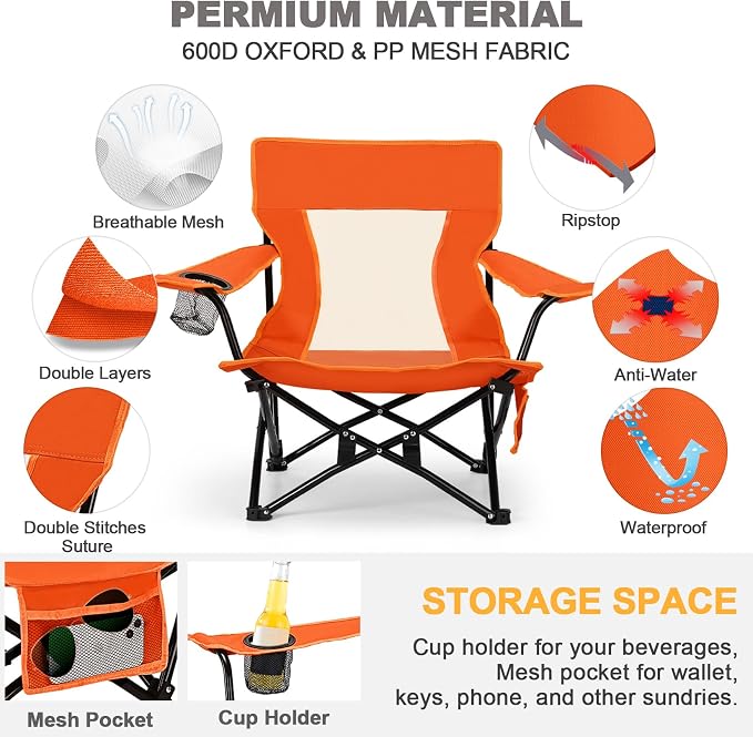Joyfair Beach Camping Chair (2 Pack), Outdoor Folding Chair for Adults, Heavy Duty Portable Chair for Outside Fishing, Lawn, Sport, Patio, Armrest Cup Holder & Storage Pocket, Carry Bag (Orange)