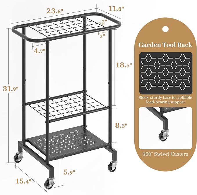 Garden Tool Organizer with Wheels, Heavy Duty Metal Garage Tool Storage Rack, Yard Tool Holder for Long-Handled Tools, Rakes and Brooms, Indoor and Outdoor Use for Shed, Patio