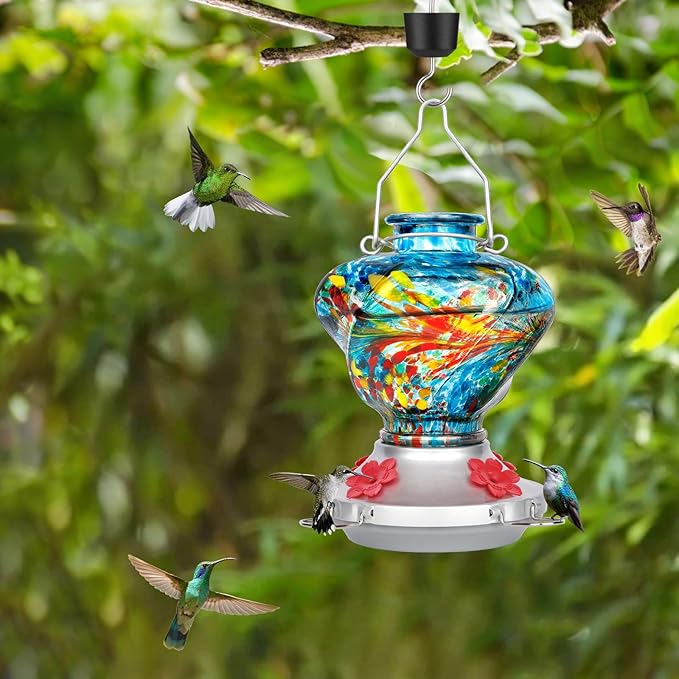 Hummingbird Feeder for Outdoors with Ant Moat, Blue Hummingbird Feeder, Hand Blown Twisted Glass, 4 Bee Guard Feeding Ports with Perch, Outdoor Décor, 16OZ, Gifts for Mom Wife Dad Men Women