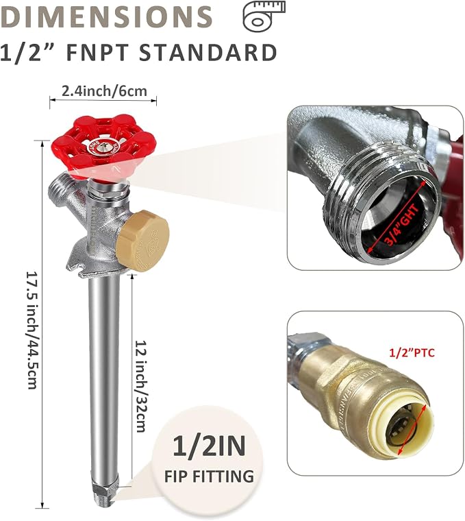 8 inch Anti-Siphon Frost Free Sillcock, No Lead Brass Frost Proof Outdoor Faucet Bib with Backflow Preventer, 1/2" Push-to-Fit Connector X 3/4 Inch Hose Bibb Frost Free Spigot