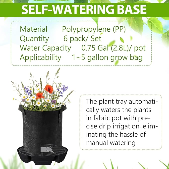 Geelin 6 Pcs Self-Watering Fabric Pot Base Auto-Irrigation System Plant Saucer for 5 Gallon Fabric Pots Auto Watering Plant Water Tray Self Watering System for Indoor Greenhouses Grow Tents Gardens