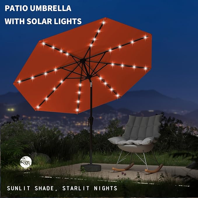 9FT Patio Umbrella with Solar Lights,Outdoor Market Umbrella with Tilt and Crank, LED Lighted Table Umbrella for Garden,Deck,Backyard,Pool,Beach